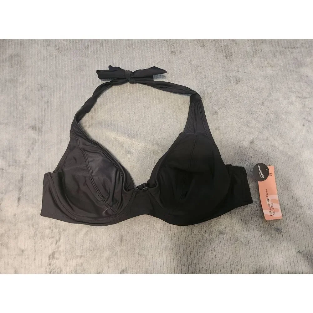 NWT Shapermint Essentials Full Coverage Halter Bikini Top Size L Black